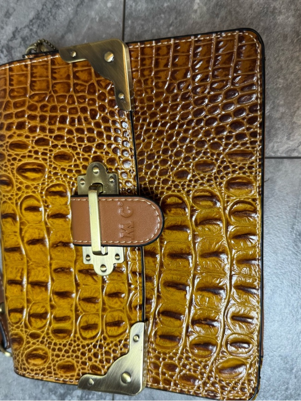 Croc-Embossed Amber Brown Crossbody Clutch